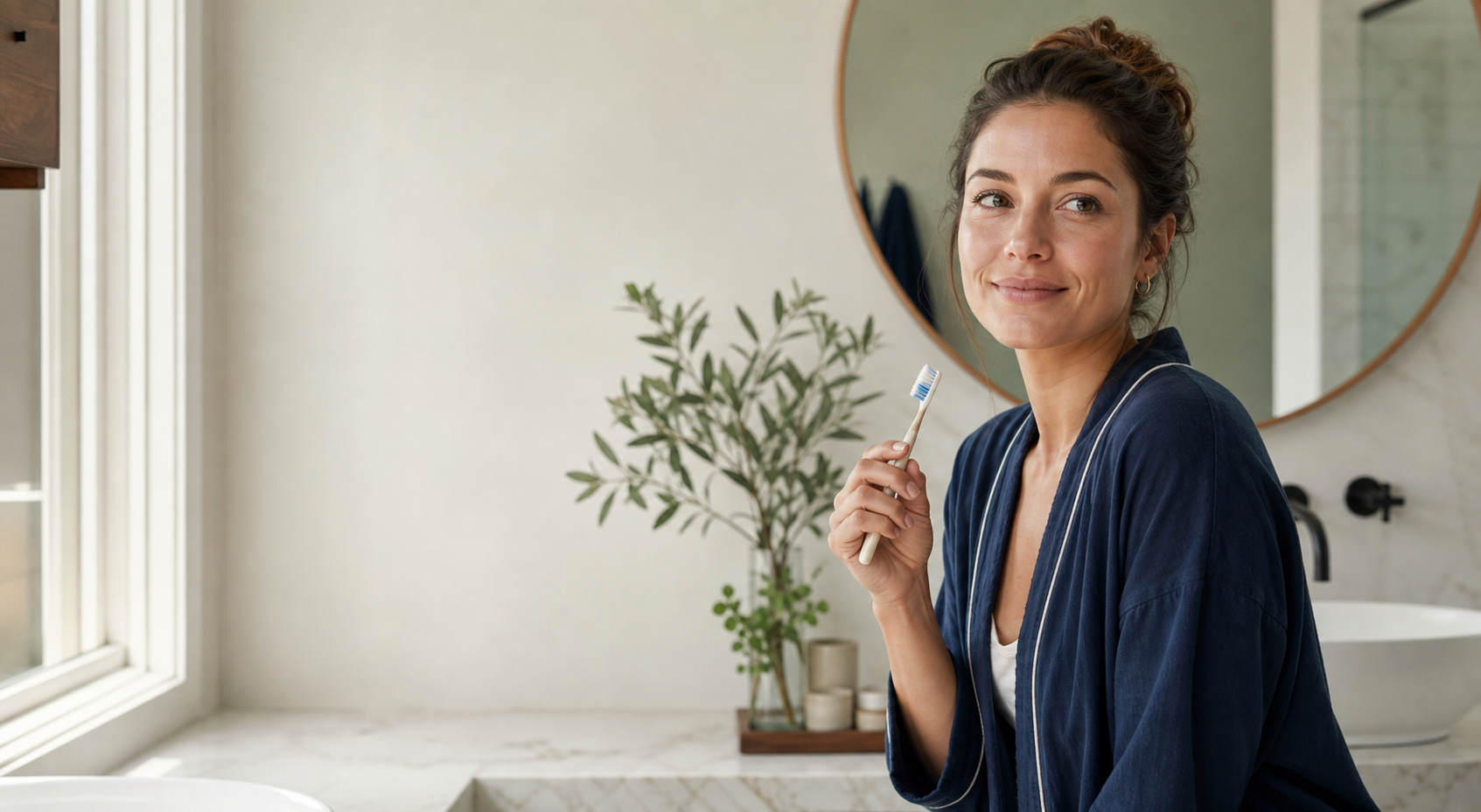Woman holding a toothbrush during a calm morning routine